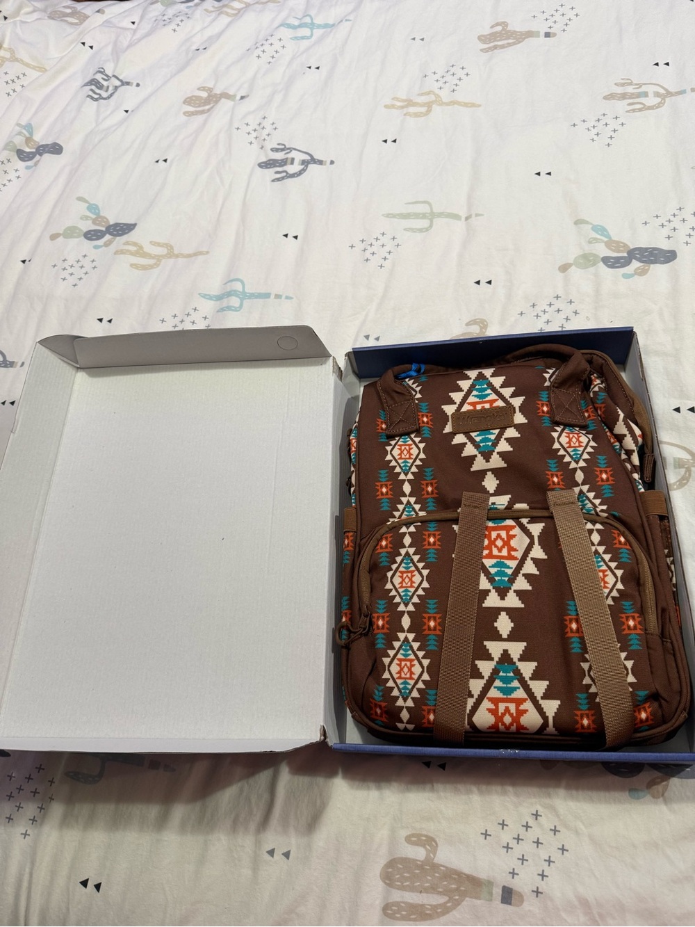 Wrangler Brown Aztec Print Backpack with Teal & Orange Accents